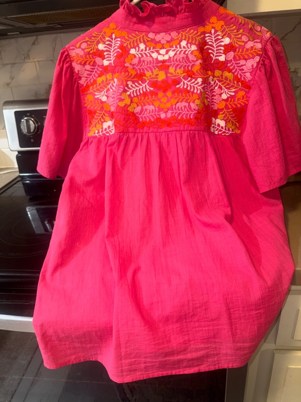 Embroidered Pink Peasant Top - Vibrant Floral Yoke - Picture 7 of 9
